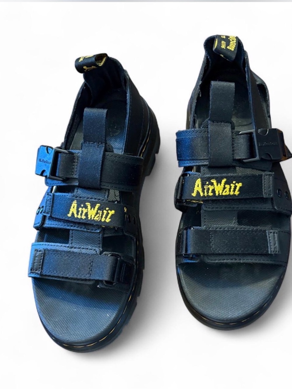 Dr. Martens Black Strappy AirWair Sandals with Yellow Logo
